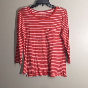 Malibu tee reddish orange color with white stripes